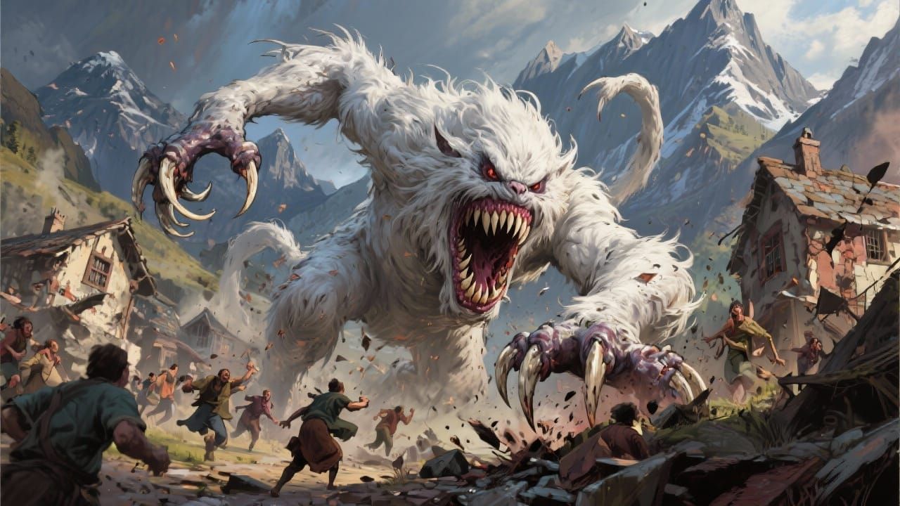 Colossal Hairy Monster Attacks Mountain Village