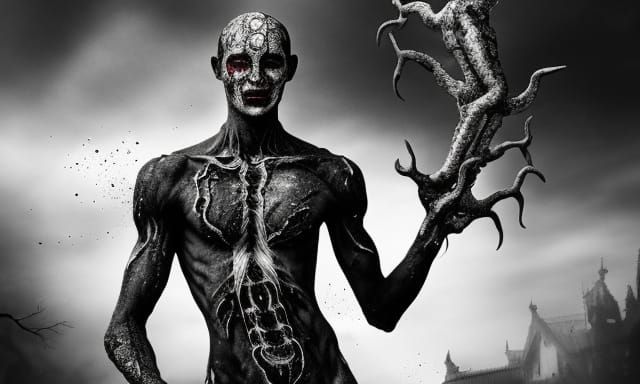 Bleeding Four-Armed God in Achromatic Digital Painting