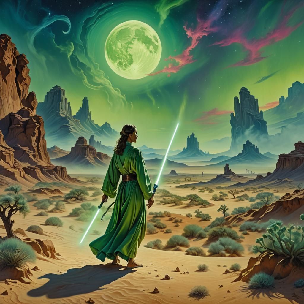 Star Wars, female jedi, green lightsaber, distant moon, dese...