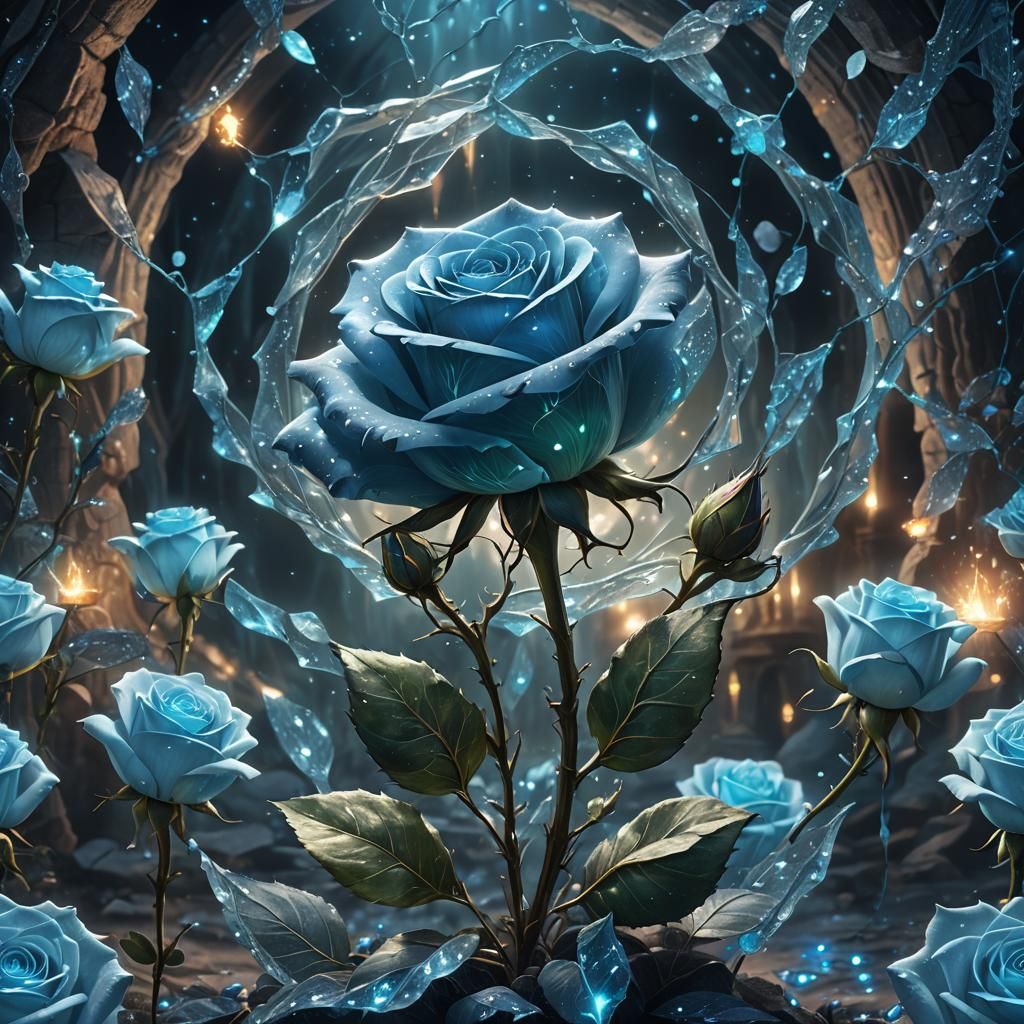 Bioluminescent Blue Rose in Crystalline Cavern