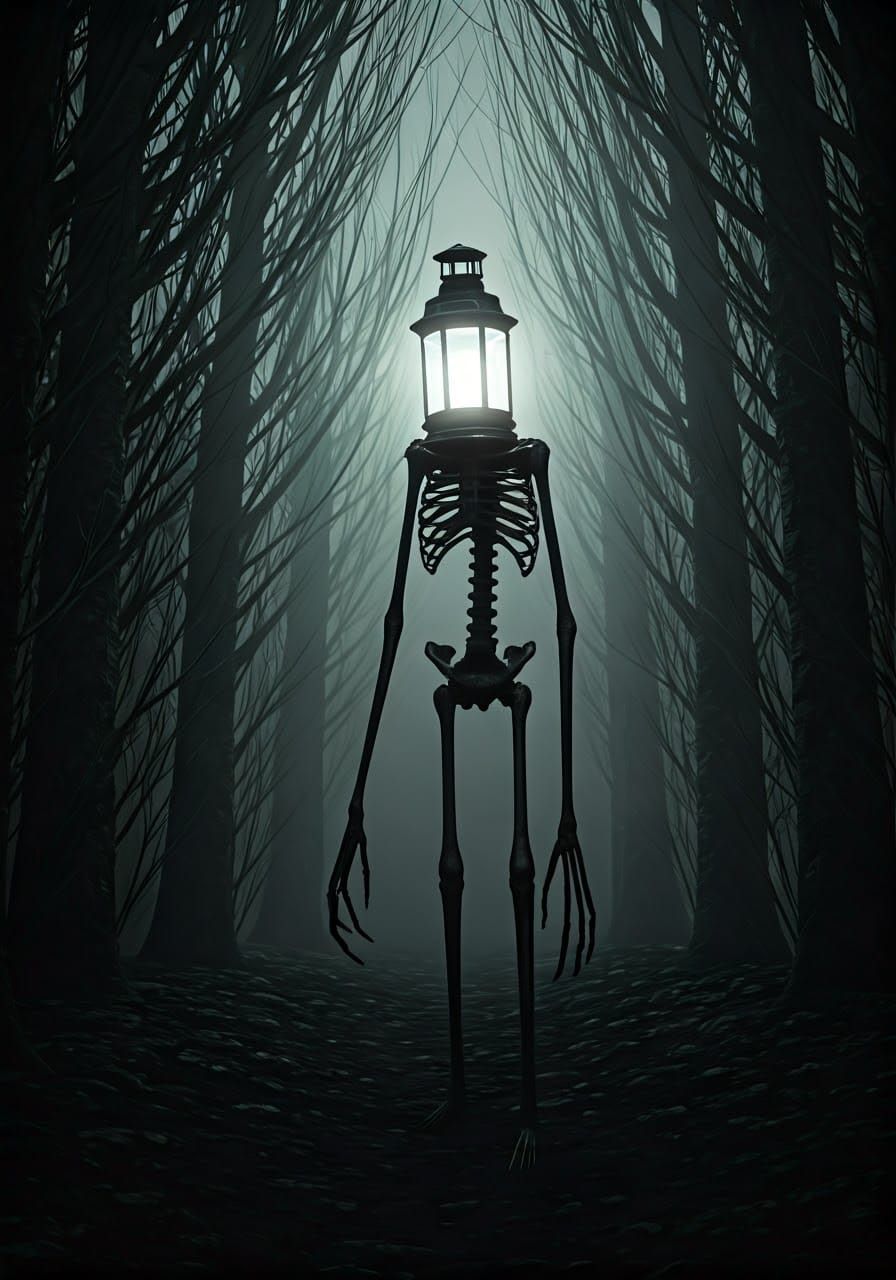 Eerie Skeletal Creature in Fog-Shrouded Forest