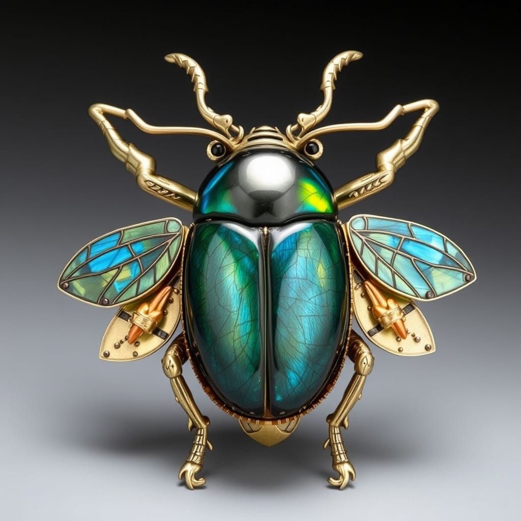 Iridescent Labradorite Beetle Brooch: Ornate Surrealist Desi...