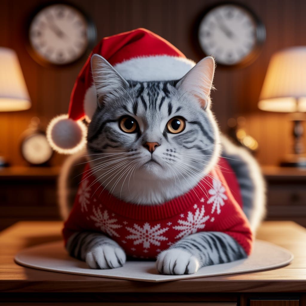 Cozy Gray Tabby Cat in Festive Christmas Sweater and Santa H...