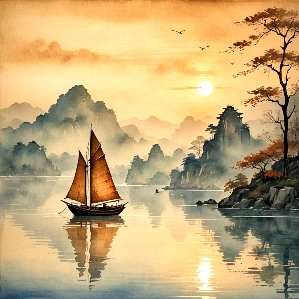 Chinese Sailboat on Lake at Sunset in Watercolor