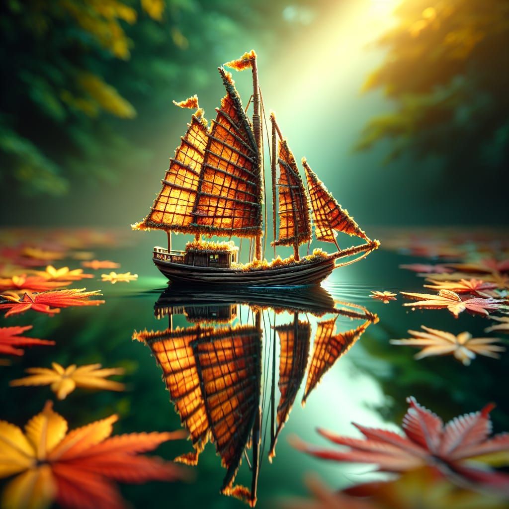 Autumn Leaf Sailboat on Pond in Cinematic Light