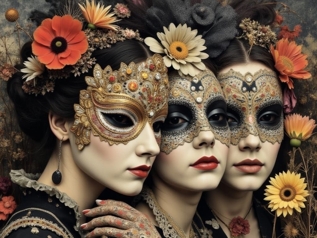 Bohemian Carnival Masks with Iridescent Flowers in Psychedel...