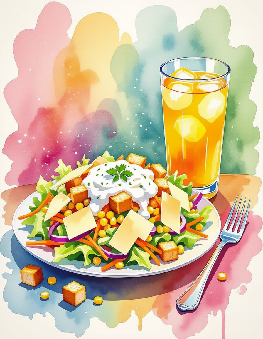 Vibrant Watercolor Garden Salad with Orange Juice