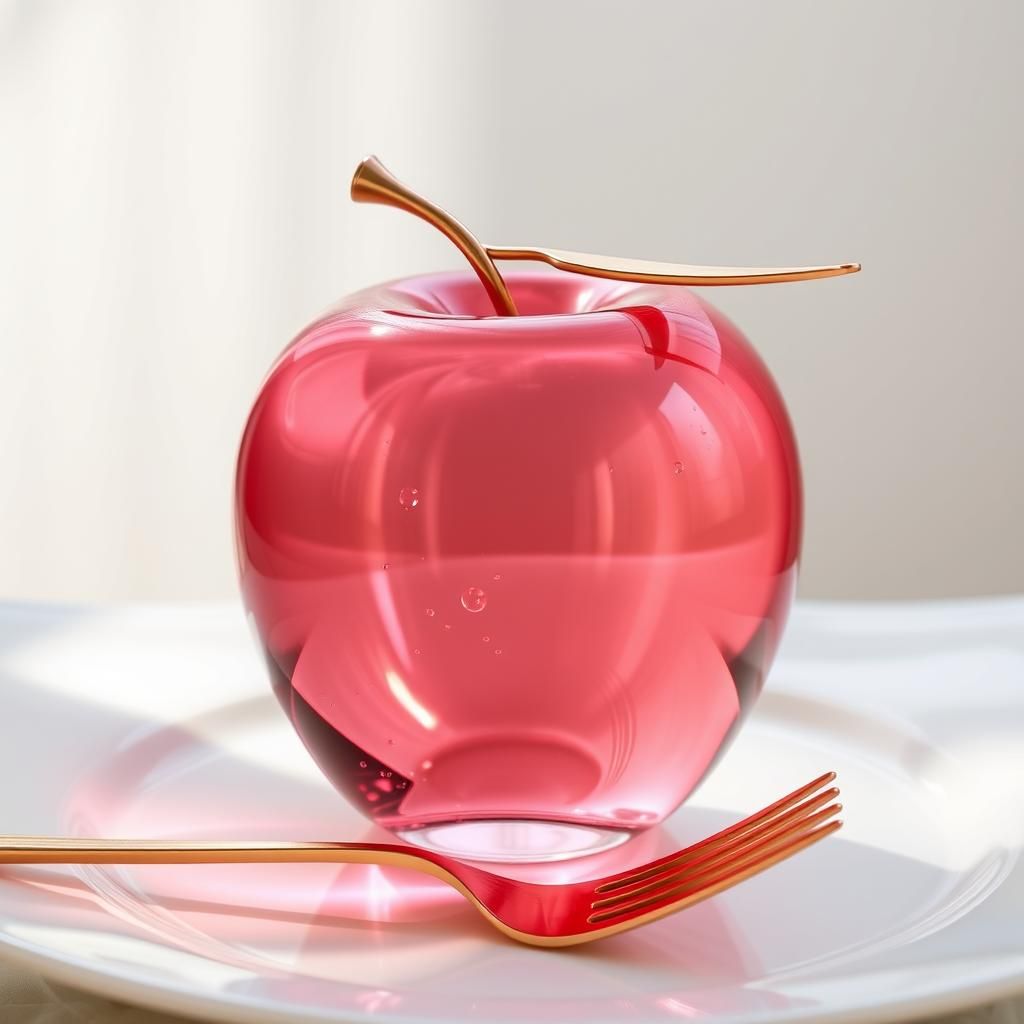 Pink Glass Apple with Rose Gold Fork in HD Photography