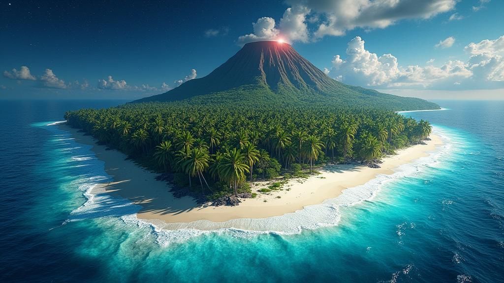 Tropical Volcanic Island at Night: A Futuristic Paradise