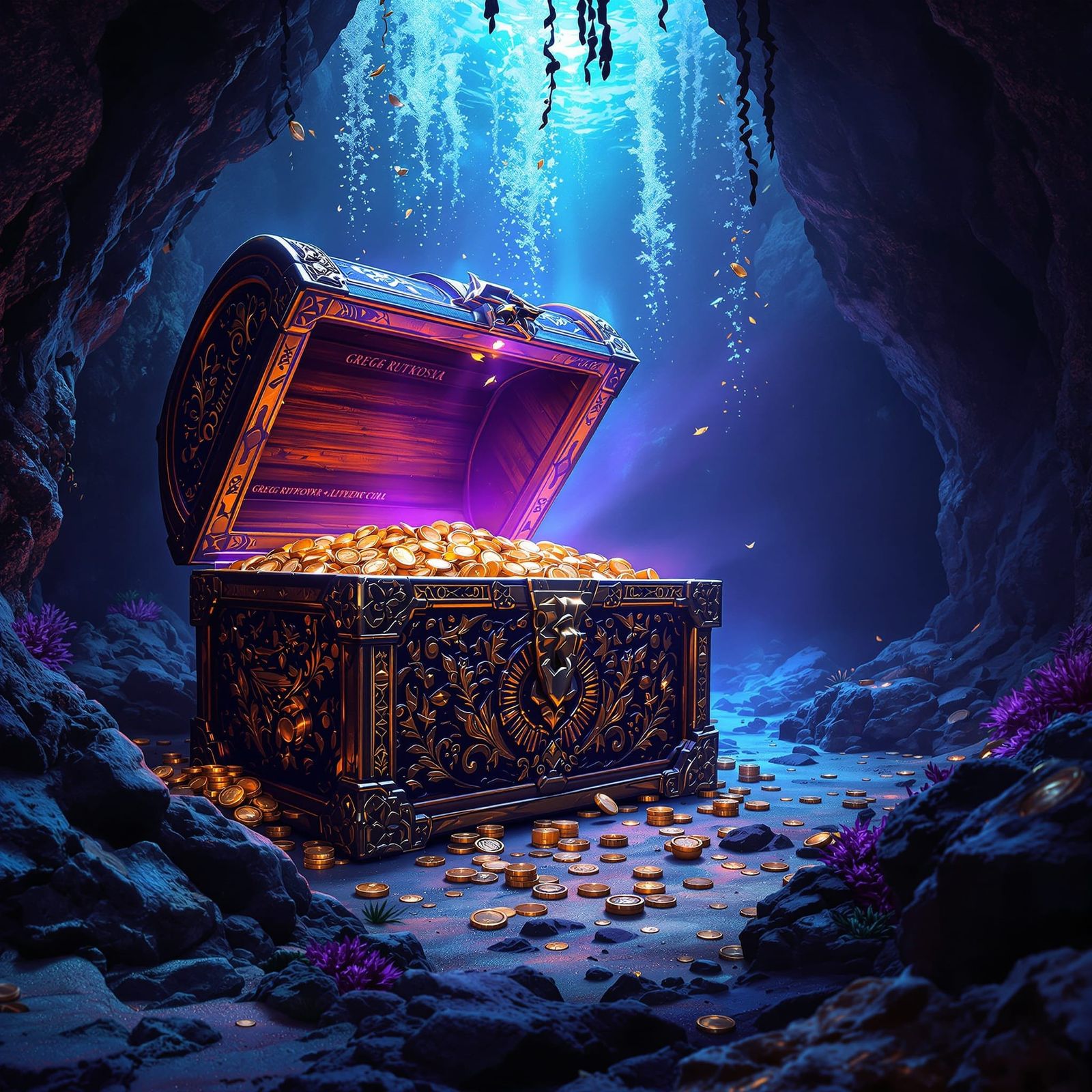 Mystical Underwater Treasure Cave in Dark Fantasy