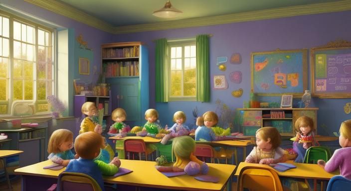 Children's Classroom Scene as Oil Painting
