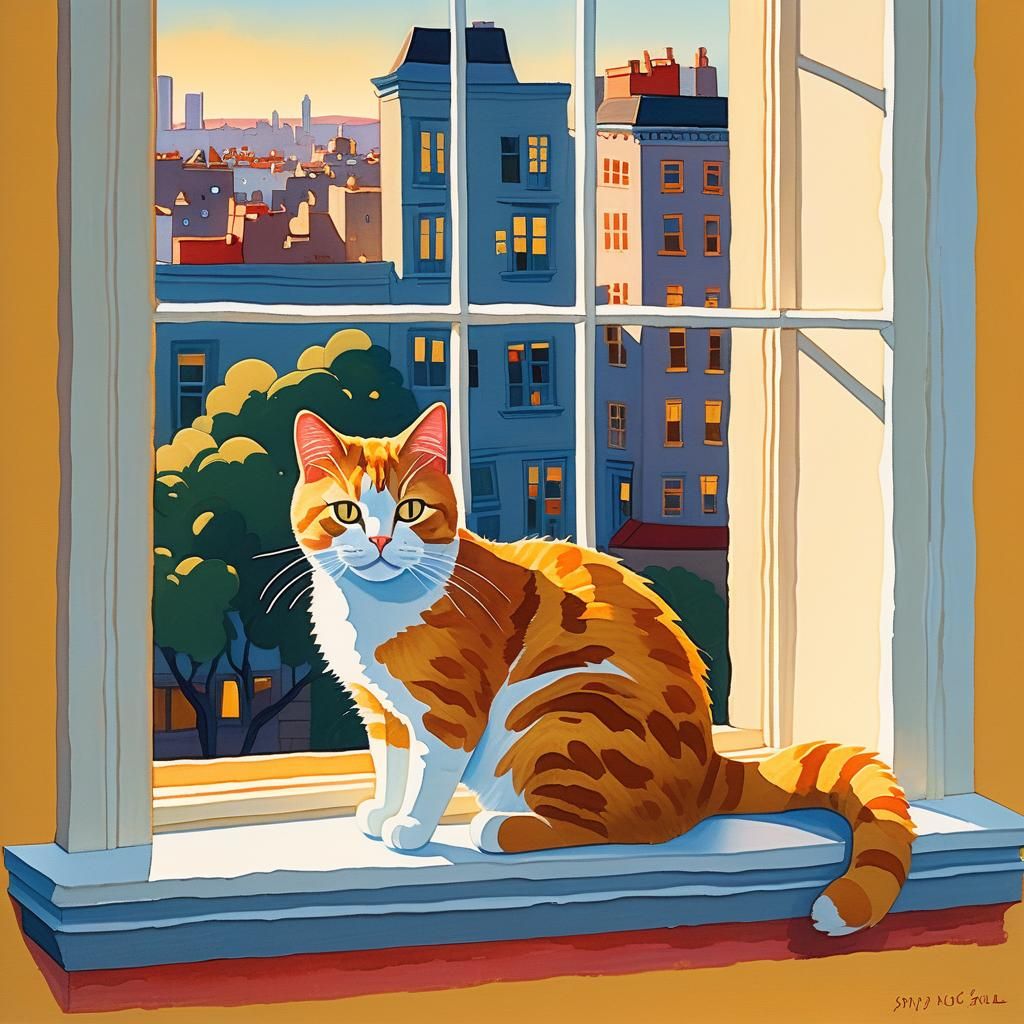 Cartoon Cat Cityscape in Whimsical Gouache Style