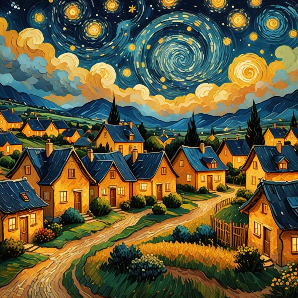 Starry Night Village in Impressionist Style