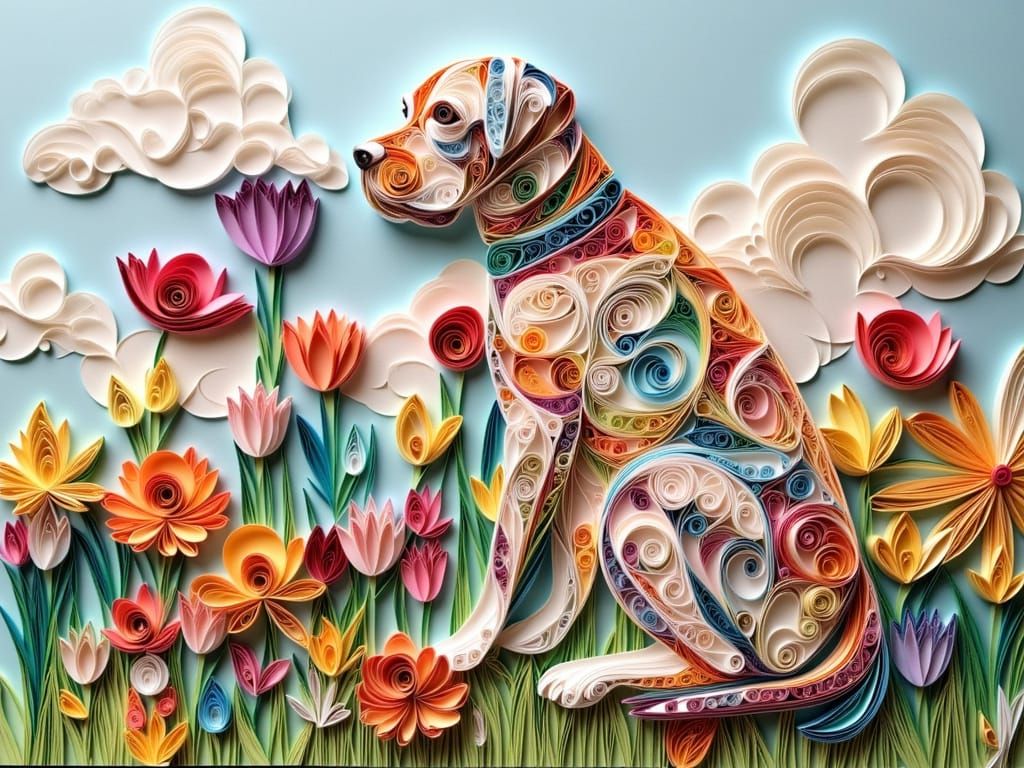 Surreal Quilling Sculpture of English Mastiff Among Flowers