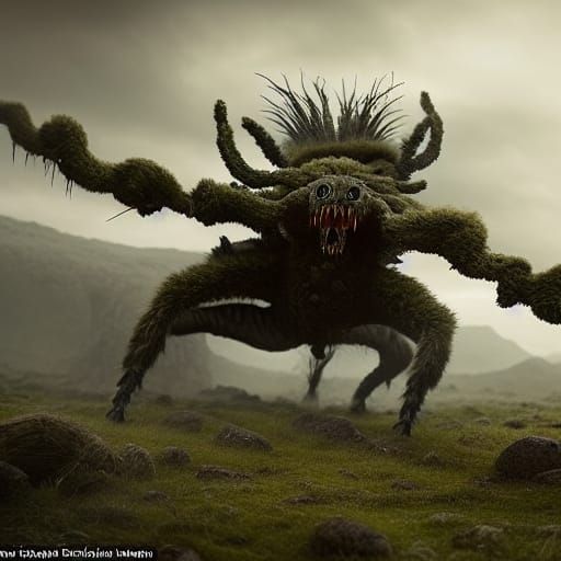 Warrior Woman Battles Giant Spiders in Barren Landscape