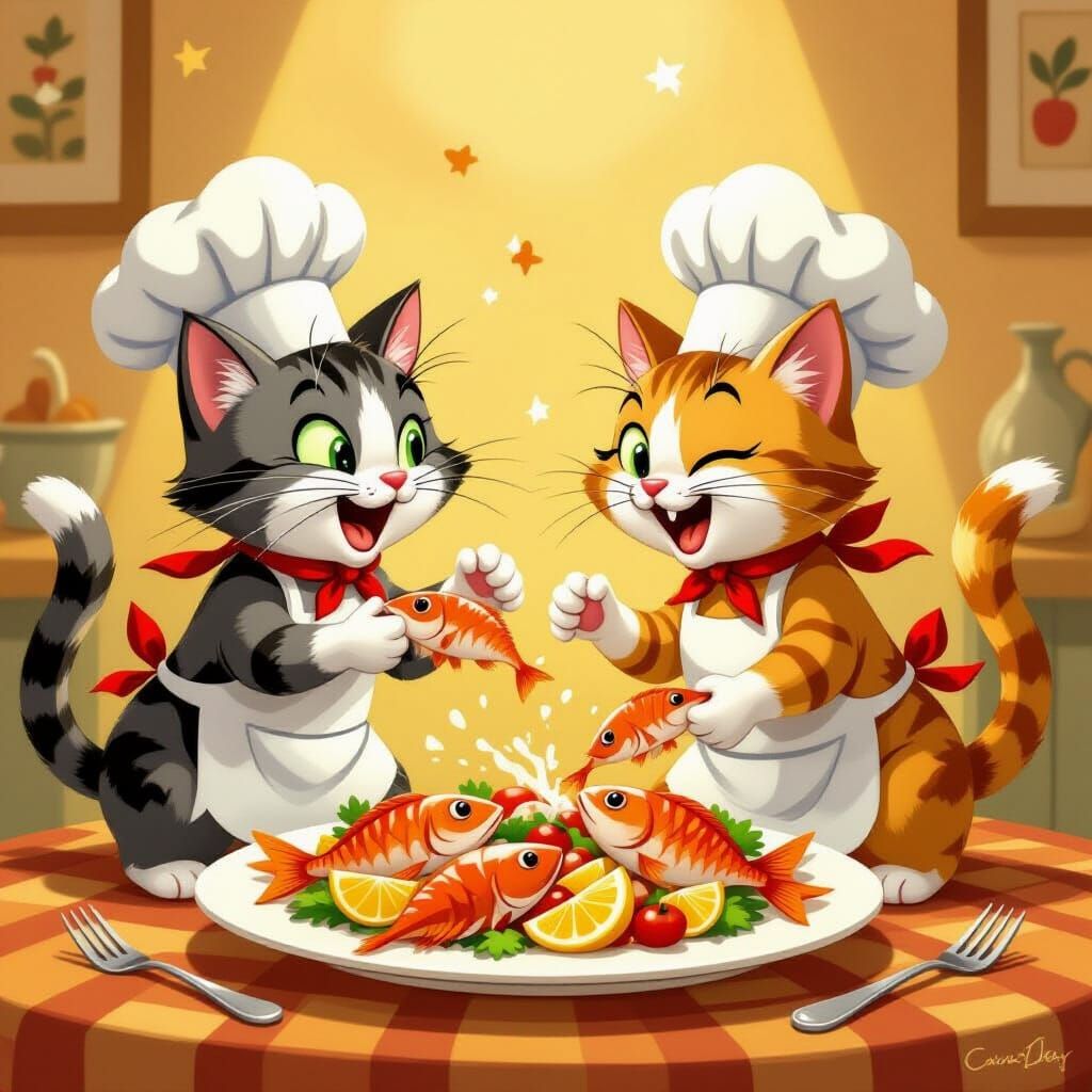 Comical Cats Brawling Over Fish Platter