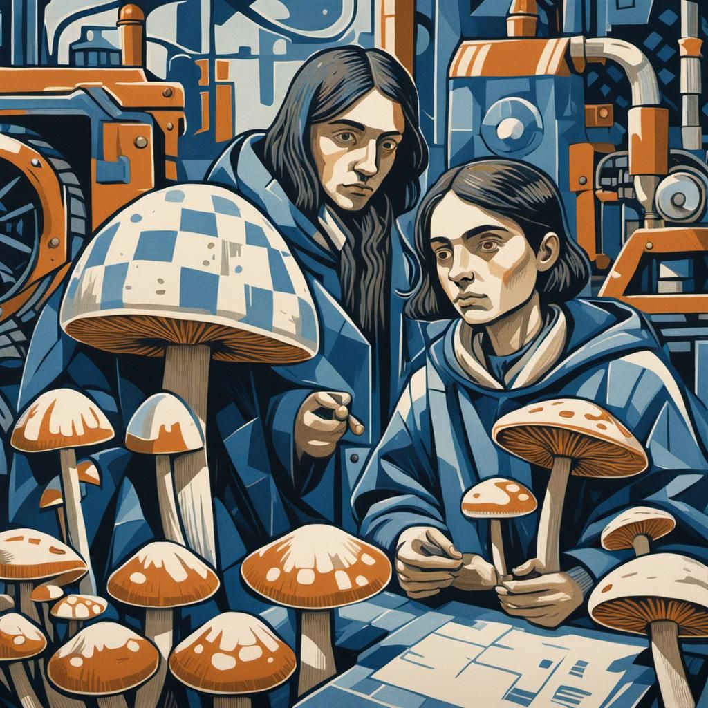 Activists Tending Mushrooms: Linocut Art Inspired by Cubism