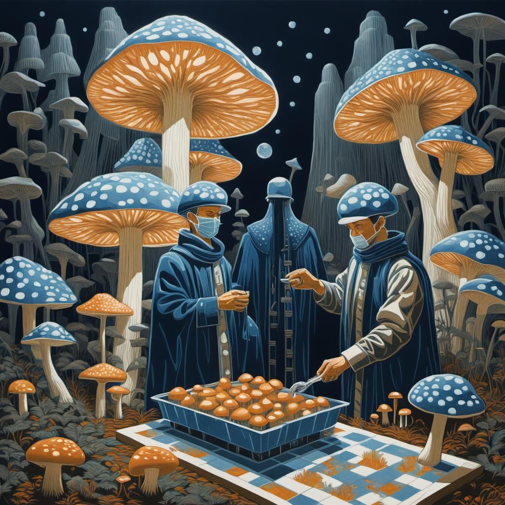 Italian Activists Tending Iridescent Mushrooms: Linocut Prin...