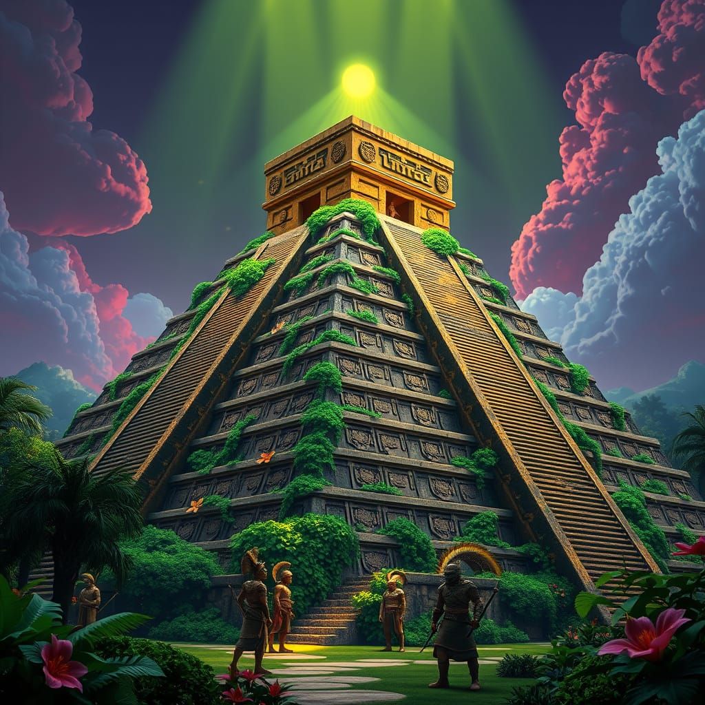 Ancient Aztec Pyramid in Vibrant, Iridescent Splendor