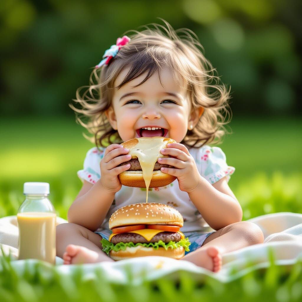 Young Girl Joyfully Eats Hamburger on Grassy Lawn