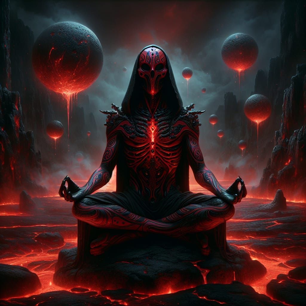 Ominous Alien Meditating in Lava: Dark Fantasy Oil Painting