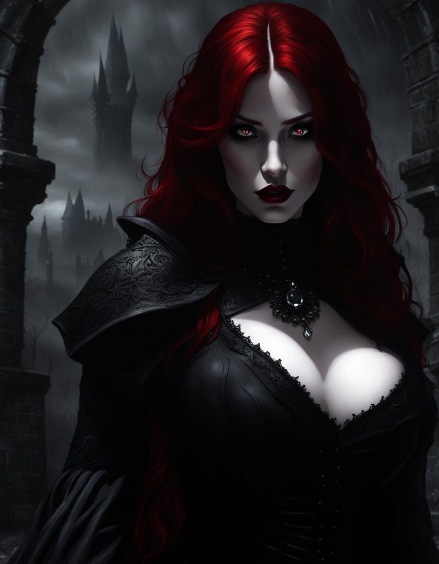 Redhead Vampire in Gothic Castle Ruins