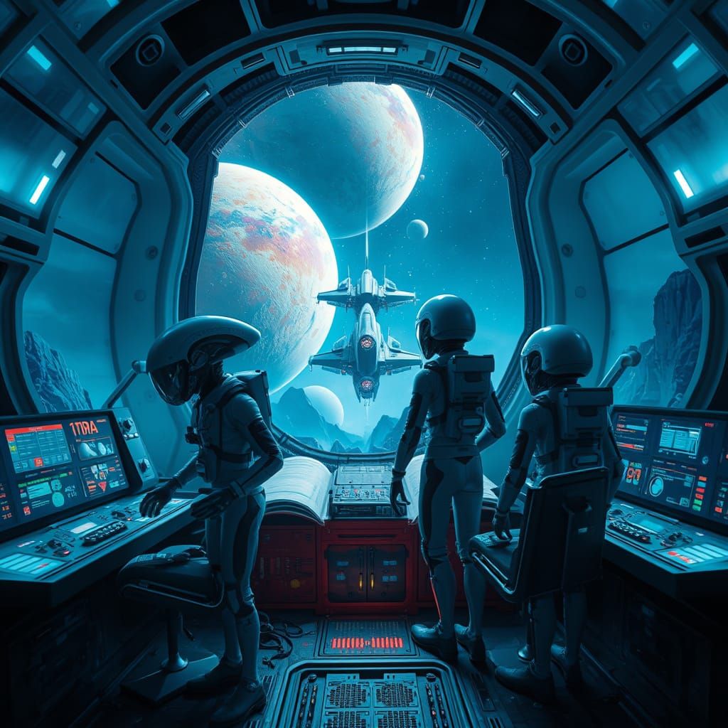 Alien crew aboard a starship, dressed in sleek spacesuits, preparing for a mission, surrounded by control panels and hol...