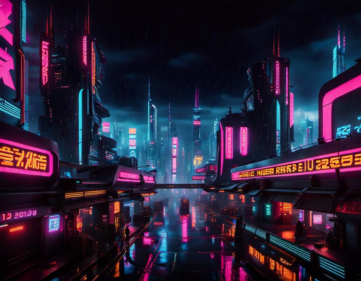 Futuristic Cityscape at Night with Neon Lights