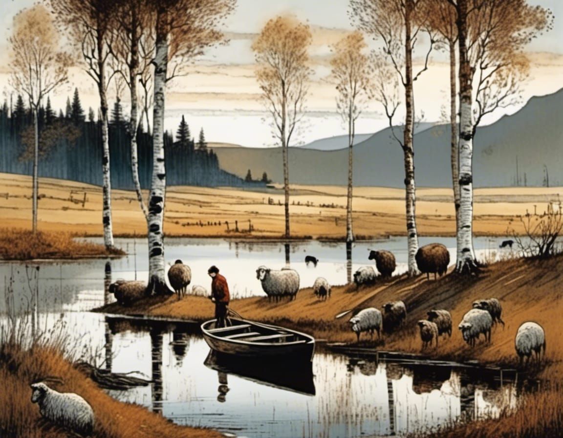 Swedish Farm Scene with Boy Fishing, Detailed Art