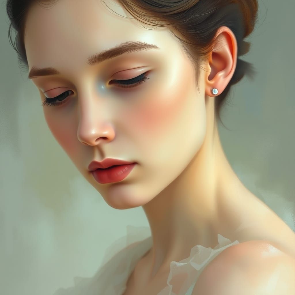 Enigmatic Woman Lost in Thought, Soft Brushstrokes and Muted...