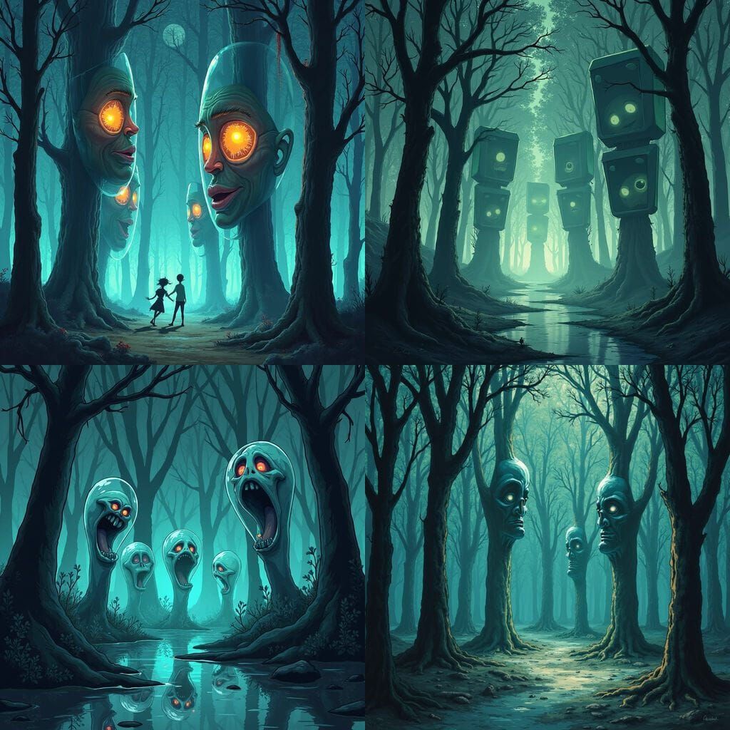Eerie Glass Forest with Distorted Faces in Cinematic Cartoon...