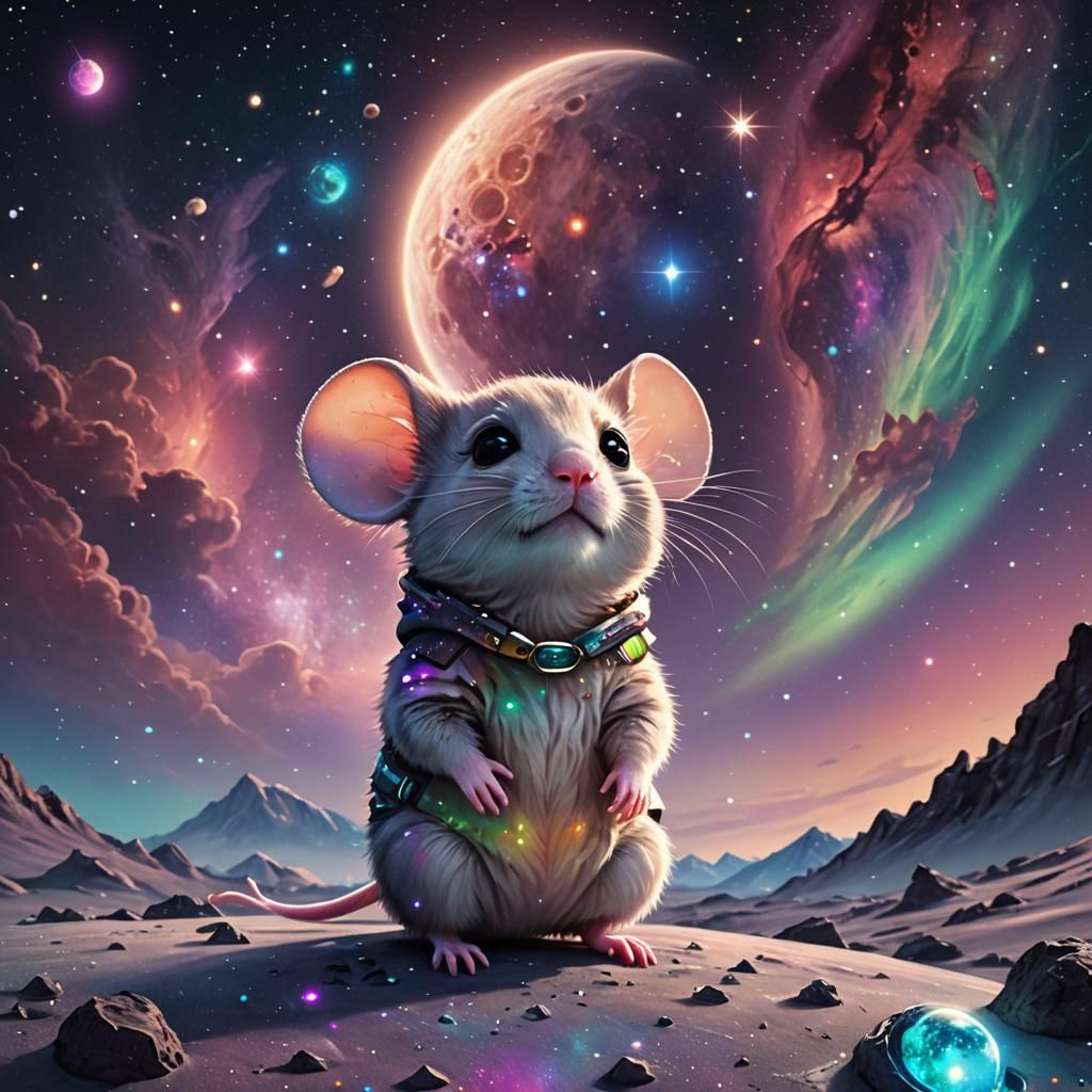 Chibi Mouse on Moon with Northern Lights
