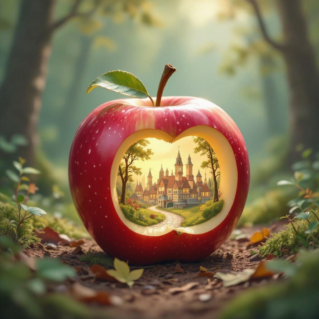 Miniature City Inside Apple, Beatrix Potter Style