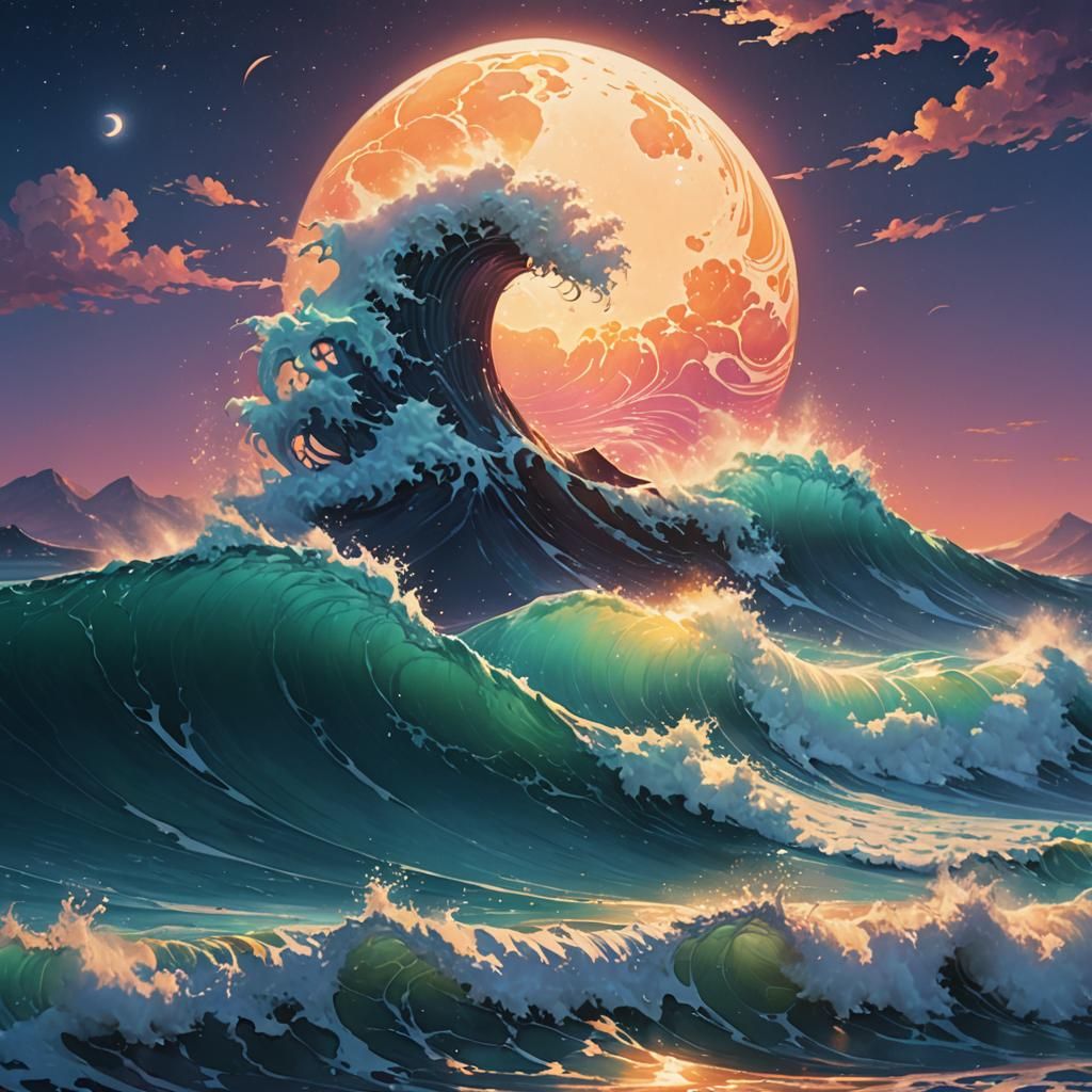 Iridescent Ocean Waves in Vaporwave Style