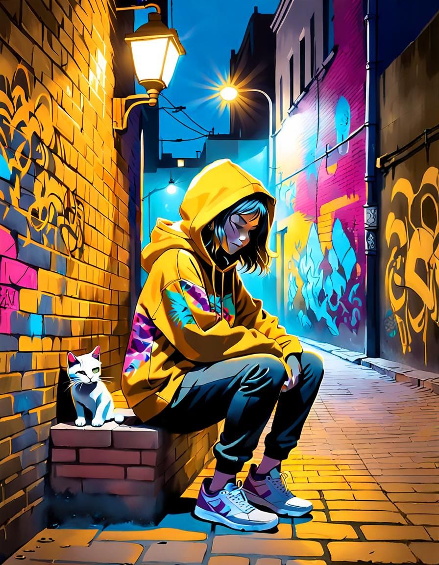 Girl with Cat in Banksy-Style Urban Graffiti