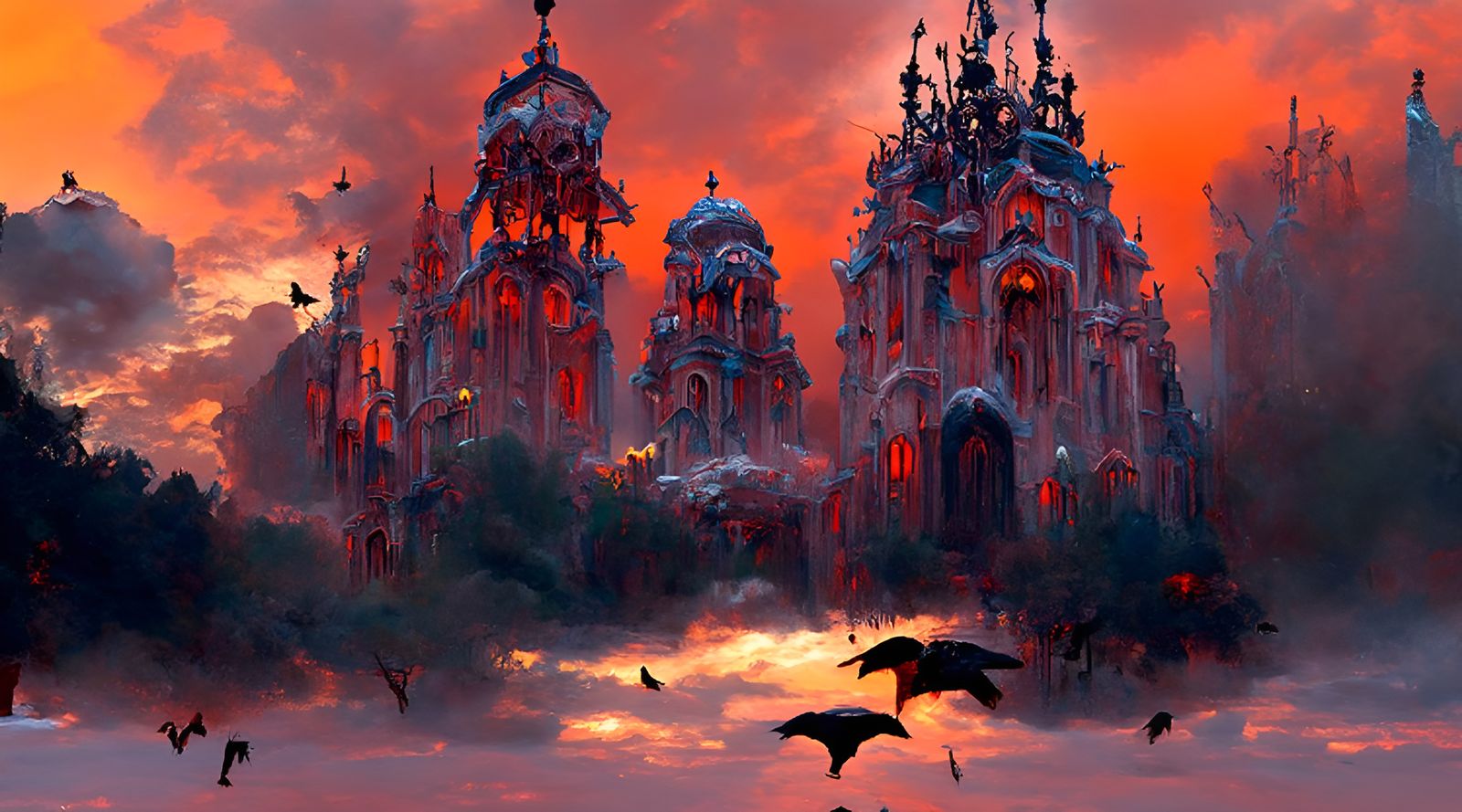 Gothic Crow Cathedral at Dusk with Amber Glow