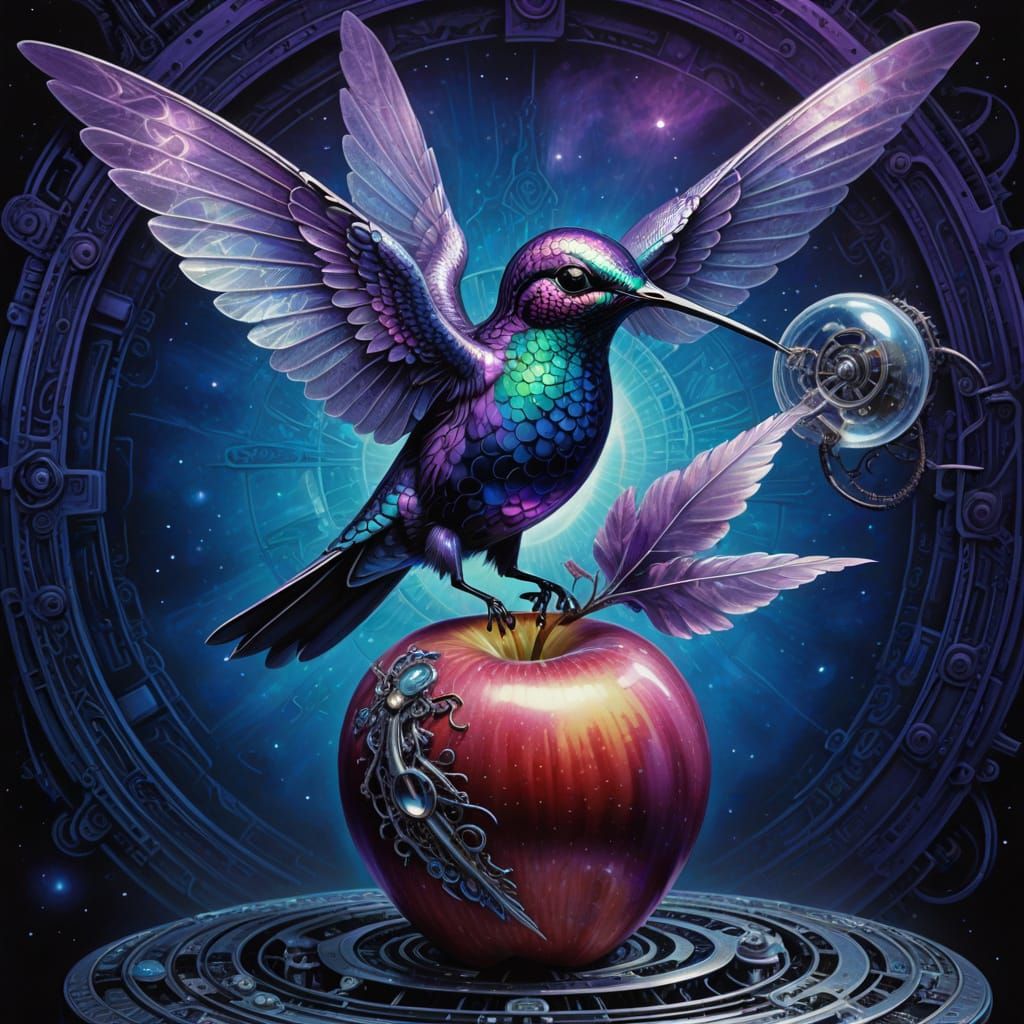 Clockwork Hummingbird and Crystalline Apple in Cosmic Nebula