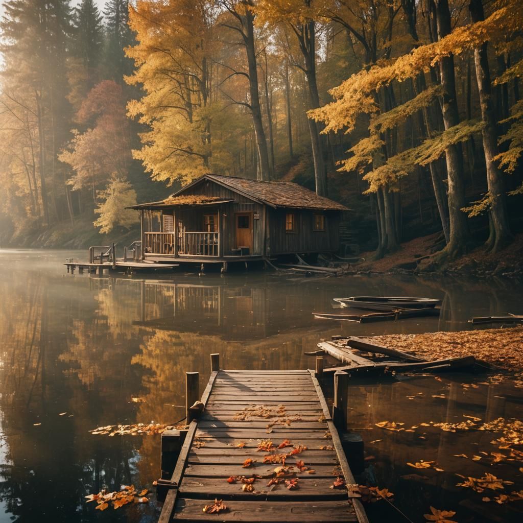 Autumn Lake Cabin in Cinematic Style