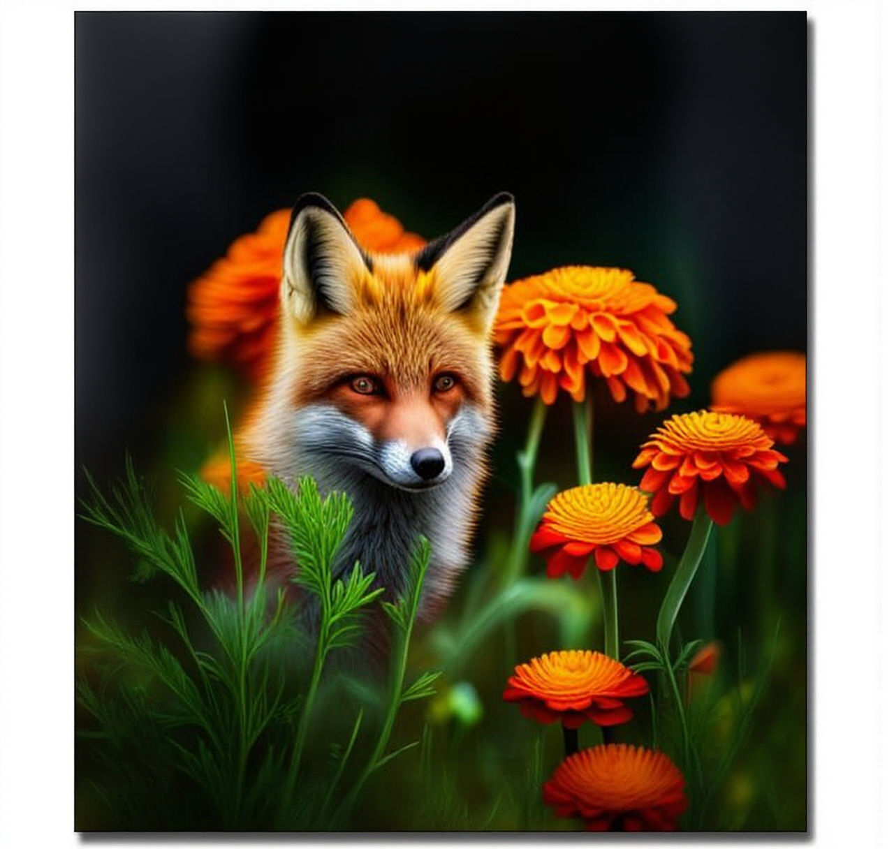 Hyperrealistic Fox Among Marigolds in High Definition