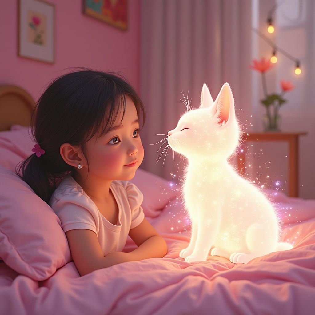 Serene Girl Gazes at Glowing Cat in Whimsical Bedroom