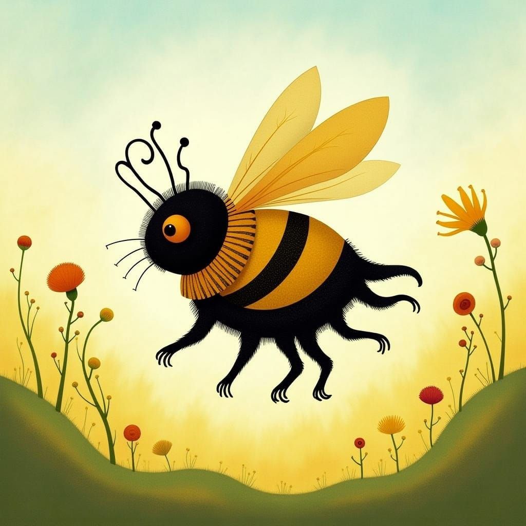 Bumblebee Mouse Flying in Sunny Meadow, Whimsical Art