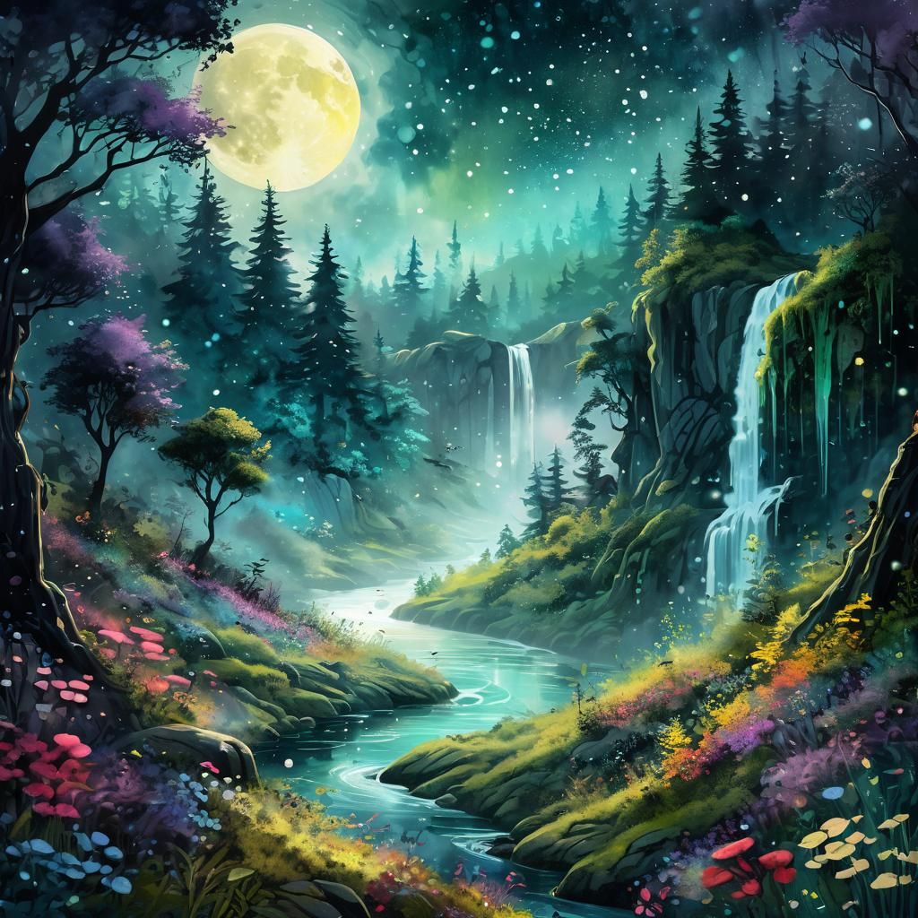 Dreamy Moonlit Forest in Vibrant Ink Splatter Art