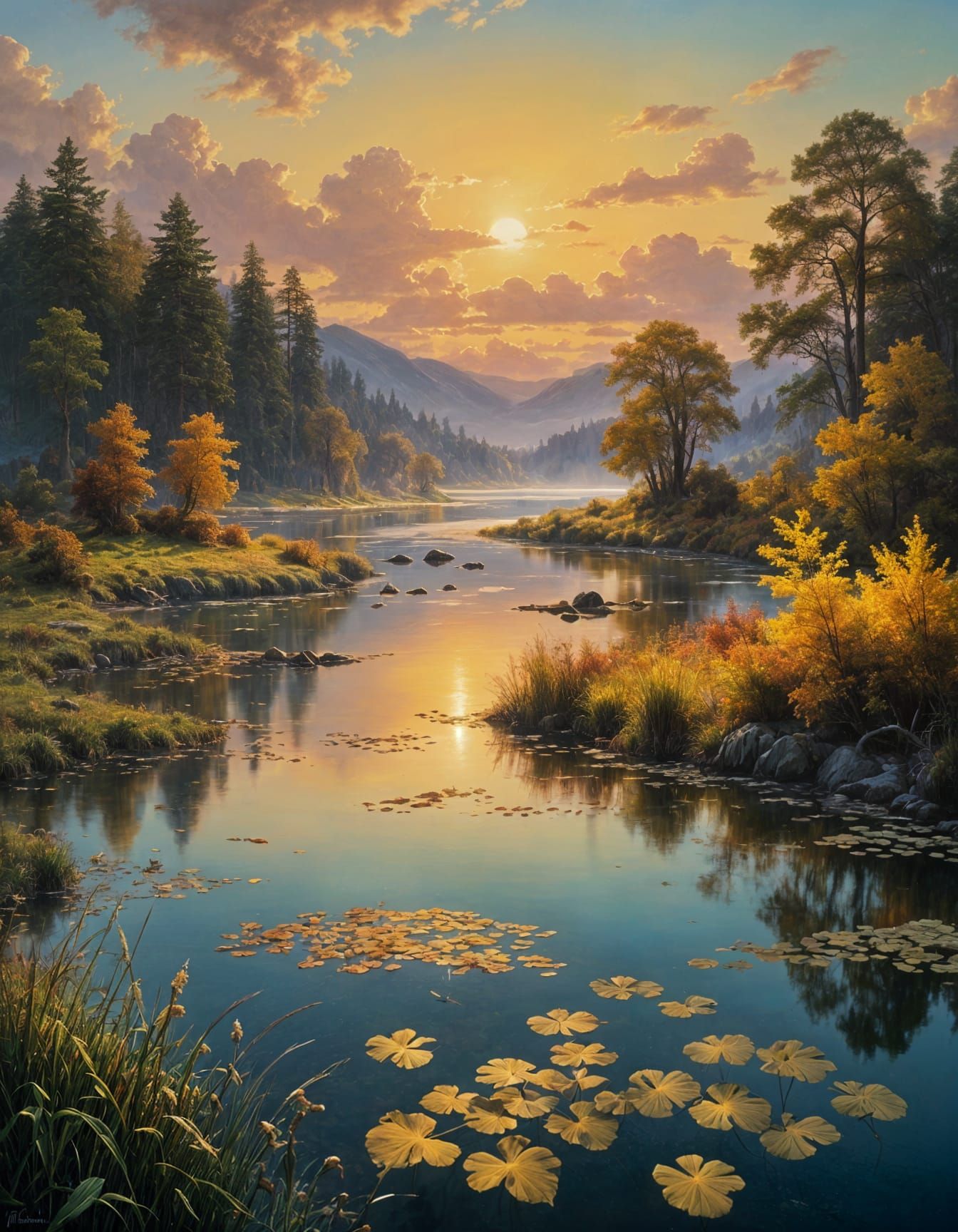 Romantic River Delta Landscape in Oil Pastel Style