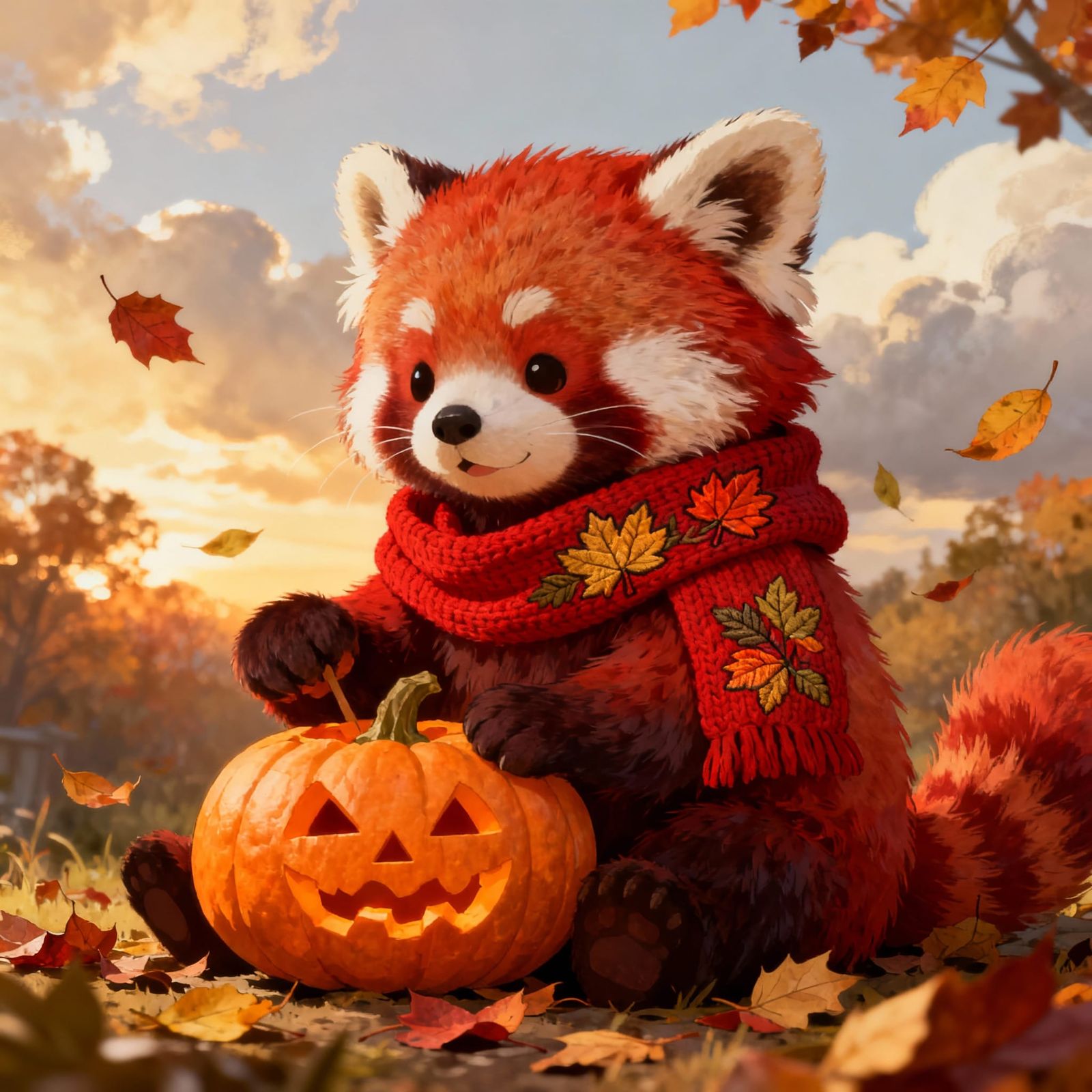 Red Panda Carving Pumpkin in Fall, Beatrix Potter Style