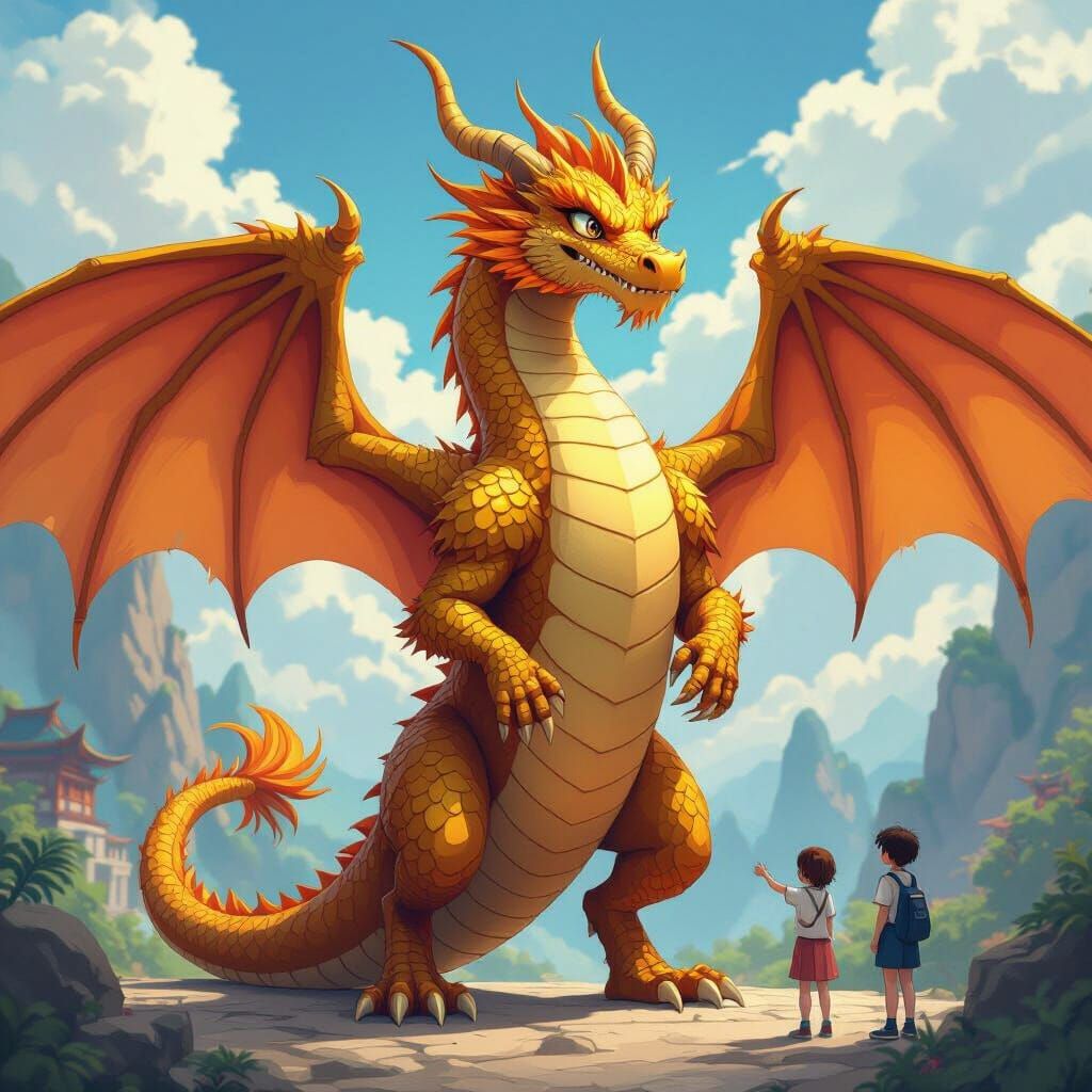 Majestic Golden Dragon Welcomes All, Anime Style