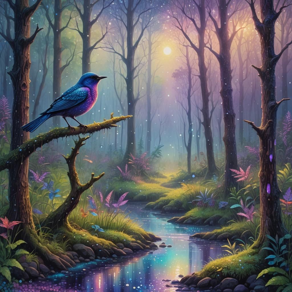 Pointillist Bird in Mystical Forest Glade