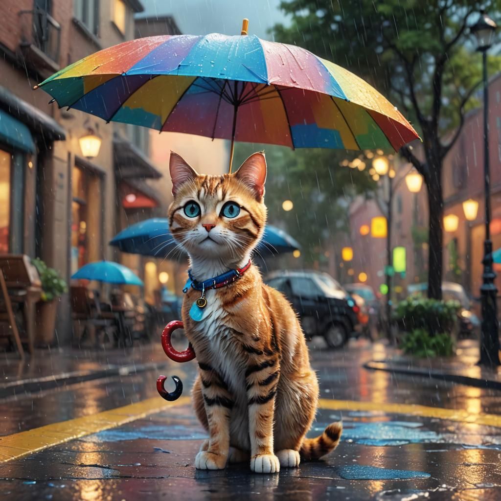 Cute Cat Under Umbrella, Pixar-Style 3D Animation