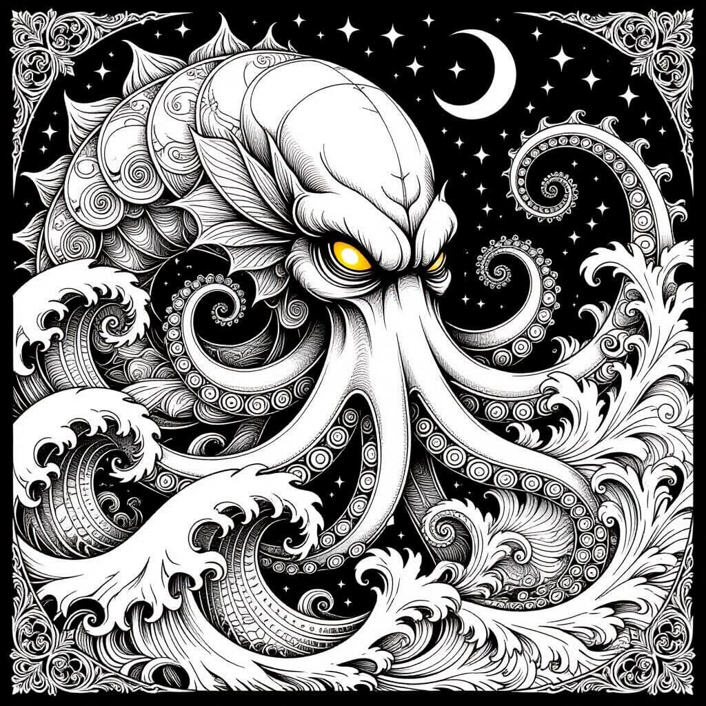 Abstract Kraken Coloring Page with Fractal Patterns