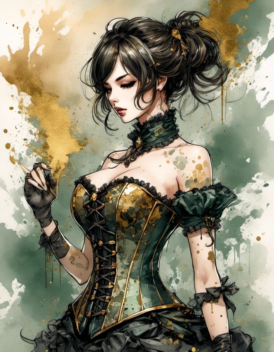 Anime Brunette in Sage and Gold Corset