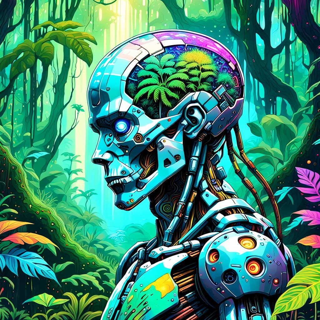 Decaying Cyborg in Psychedelic Astral Rainforest